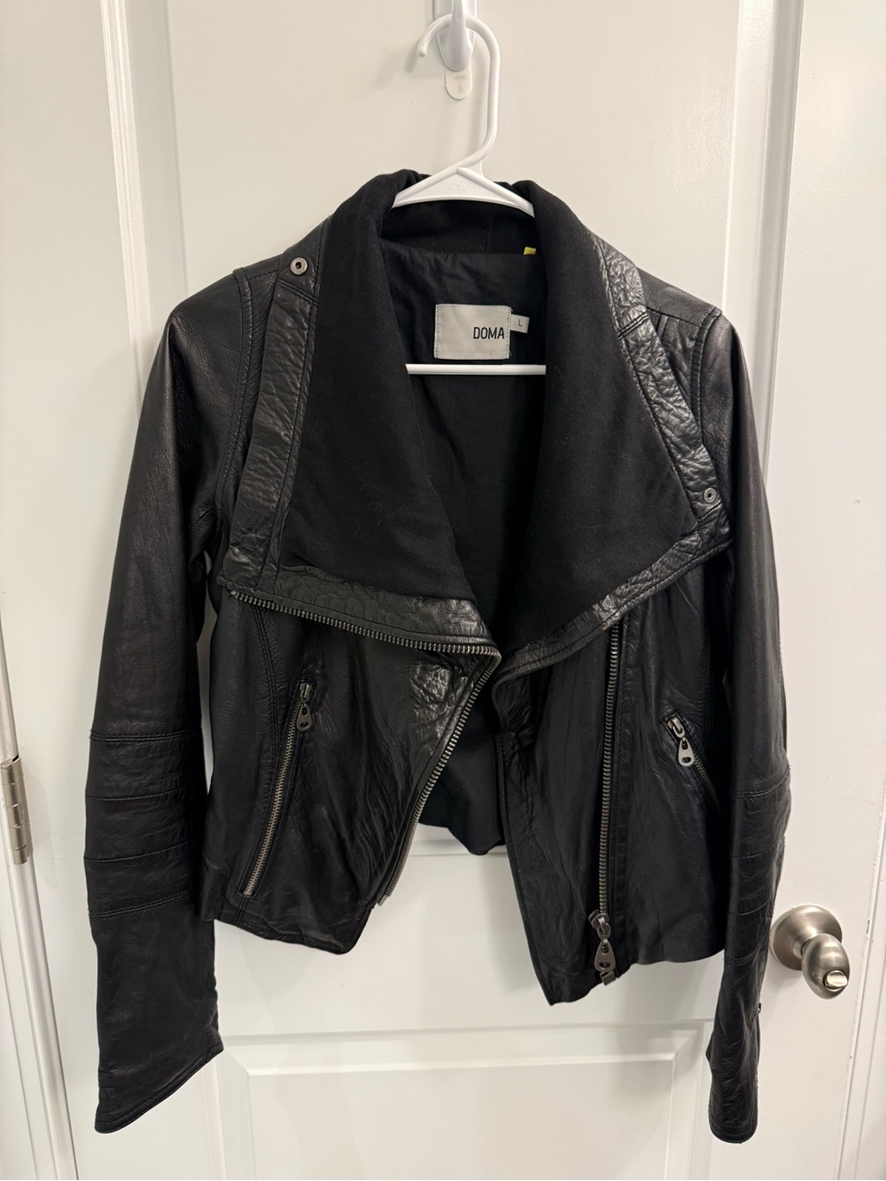 Doma Black Draped Leather Moto Jacket